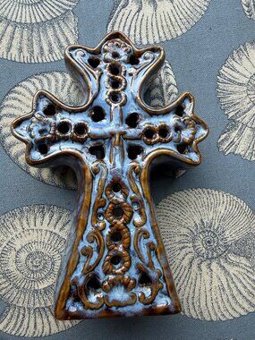 Ceramic Cross Figurine Statue Blue Reticulated Dolgencorp